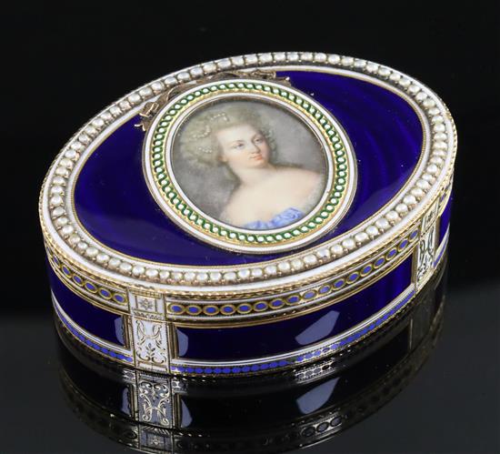 A good late 18th/early 19th century Swiss gold, enamel, split pearl and miniature portrait inset oval snuff box.